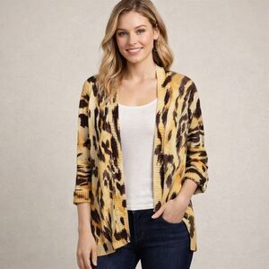 Chicos Cardigan Sweater Womens Yellow Leopard Print Open Front Knit 3/4 Sleeve